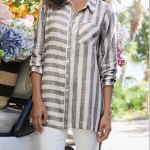 Soft Surroundings Navy and White Striped Button Down Shirt